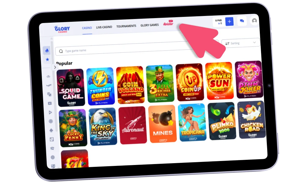 Find Aviator button at Glory Casino