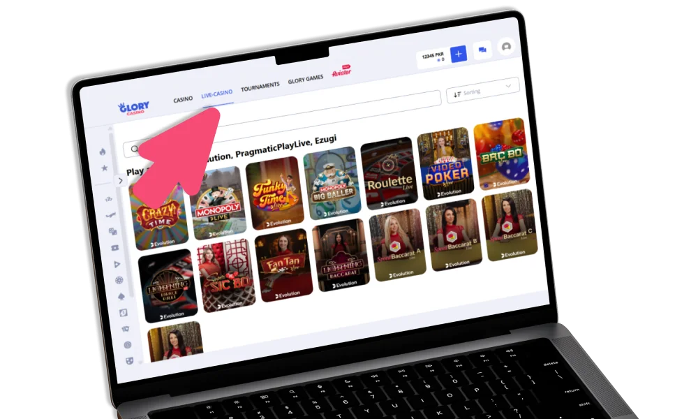 Go to the Live casino section at Glory Casino Pakistan