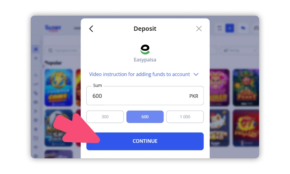 Proceed with payment to top up your balance at Glory Casino