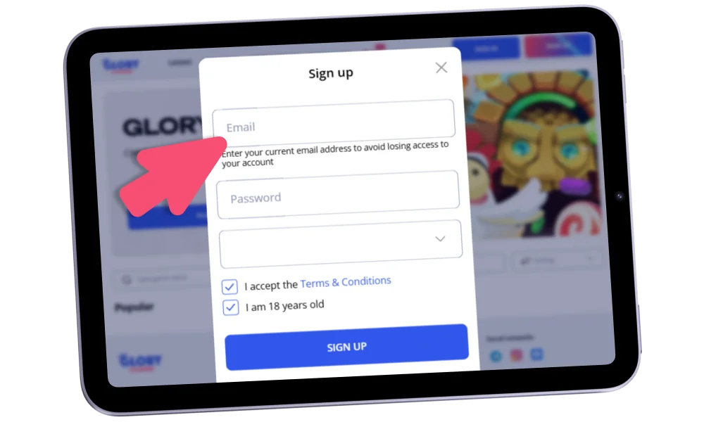 Sign up to start playing at Glory Casino in Pakistan