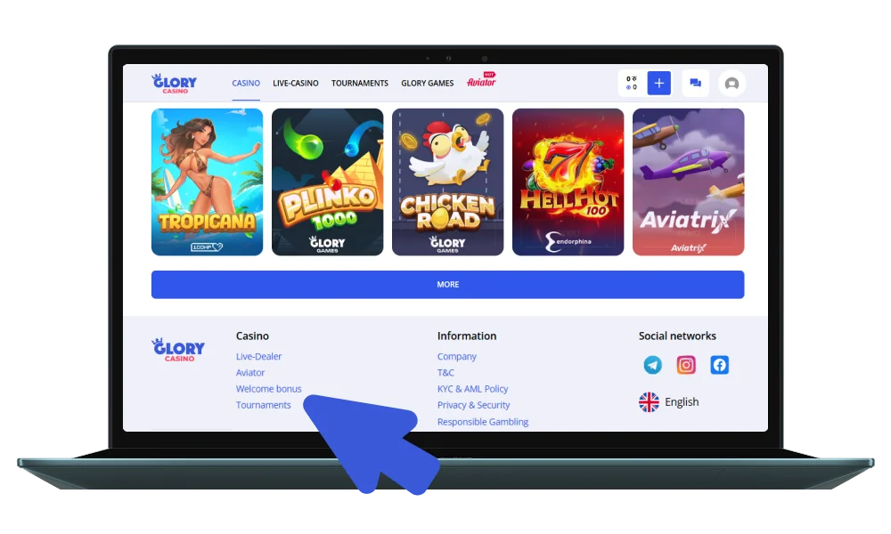 Find sections for Bonuses or Tournaments at Glory Casino site
